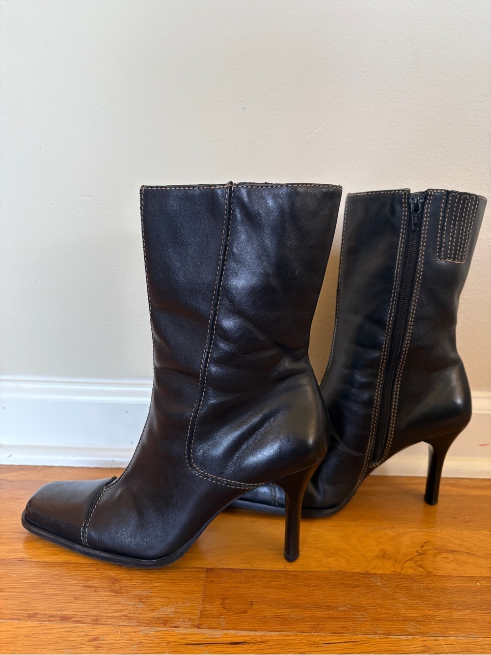 Black Leather Mid-Calf Stiletto Boots